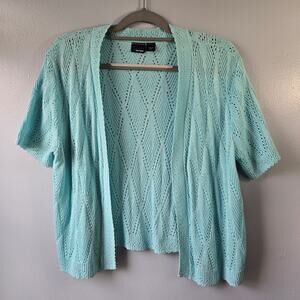Basic Editions Aqua Short Sleeve Crochet Knit Open Front Cardigan Sz Large - NEW